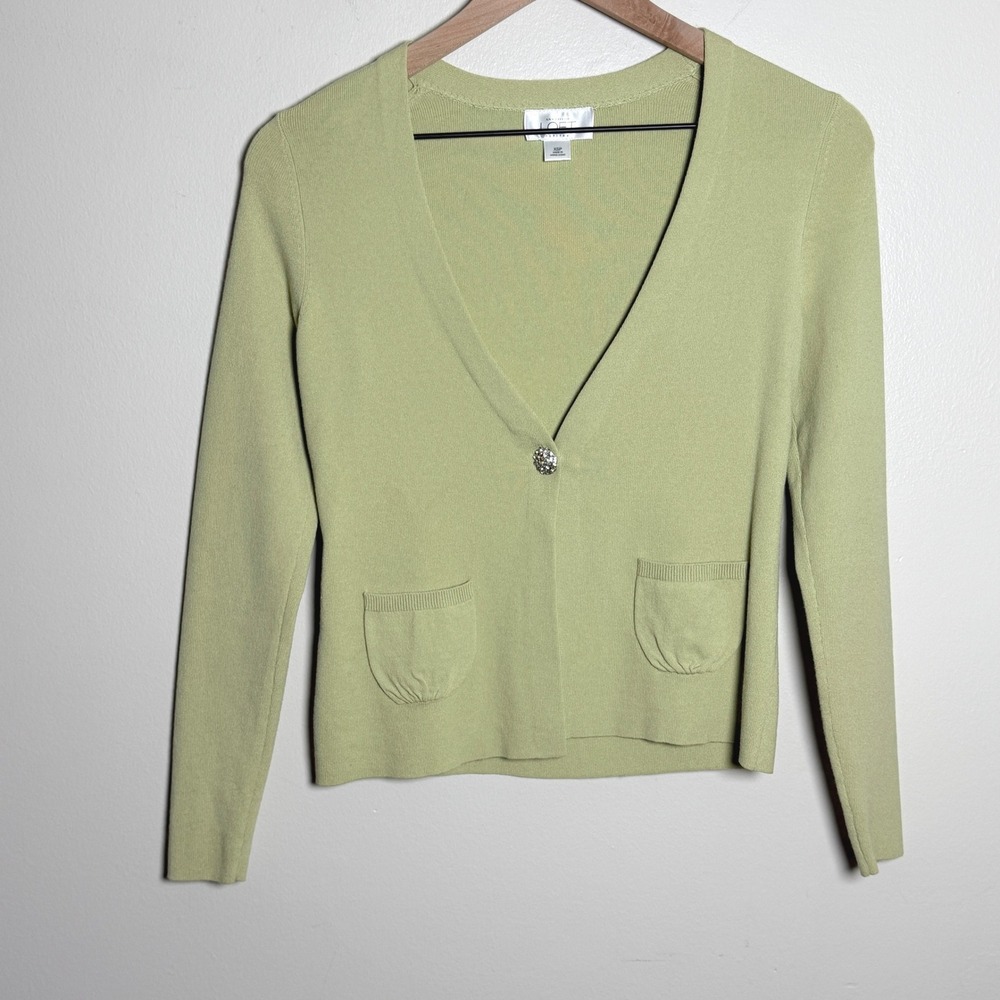 Ann Taylor LOFT Womens Cardigan XSP Sage Green Rhinestone Button Pockets Preppy